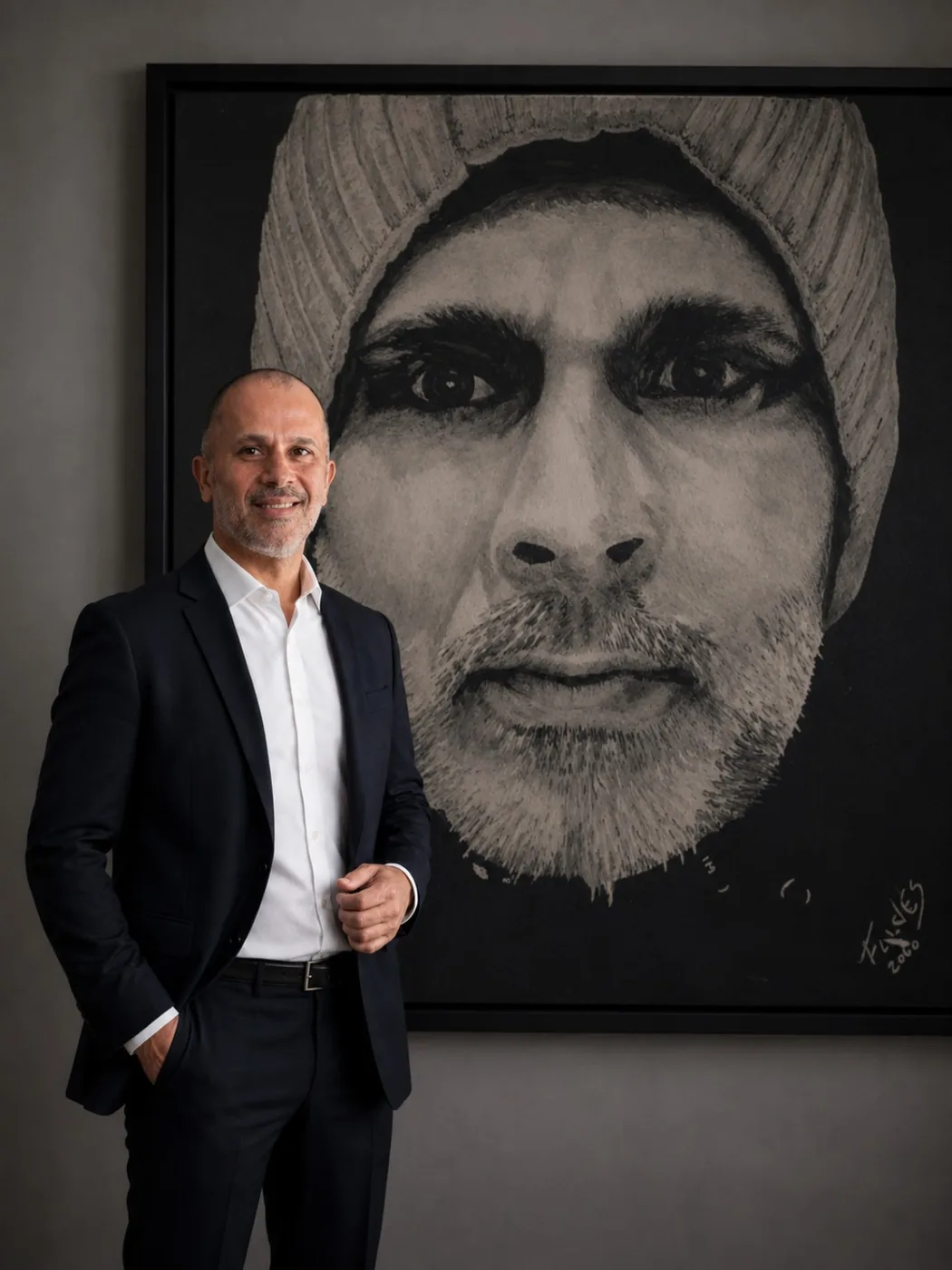 Fernando Alves junto de um retrato em azulejo